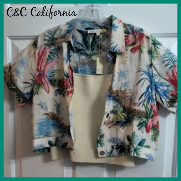 C&C California Short Sleeve Button Up Collared Tropical Cropped Shirt XS - Picture 2 of 12